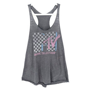 Junk Food Womens MTV Distressed Gray Graphic Tank 90s Y2K Grunge Alternative Med